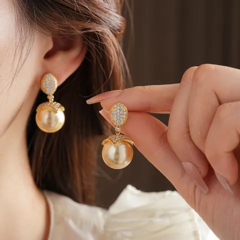 French Vintage Artificial Pearl Drop Earrings With Silver Earring Post 18K Gold Plated Copper Zircon Jewelry For Women