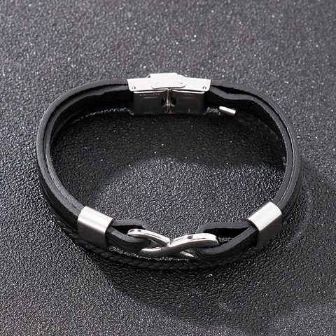 Infinity Symbol Bracelet For Men Multi Layer Braided Leather Stainless Steel Clasp Fashion Jewelry