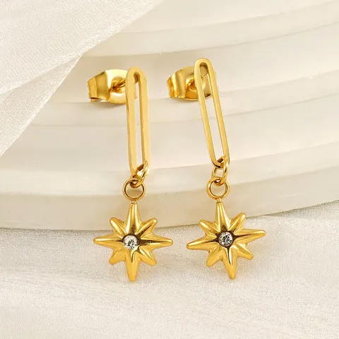 Eight Pointed Star Dangle Earrings Stainless Steel 18K Gold Plated Zircon Inlay French Vintage Style Jewelry Women