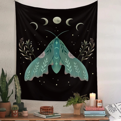 Mystische Mondphase Motte Wandteppich Polyester Ästhetische Böhmische Schmetterling Wandbehang Für Schlafzimmer Wohnzimmer