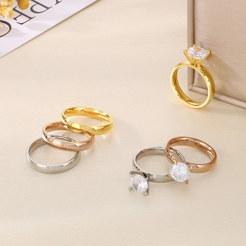 Stainless Steel Solitaire Cubic Zirconia Ring Minimalist Polished Wedding Engagement Band For Couples Lovers Jewelry