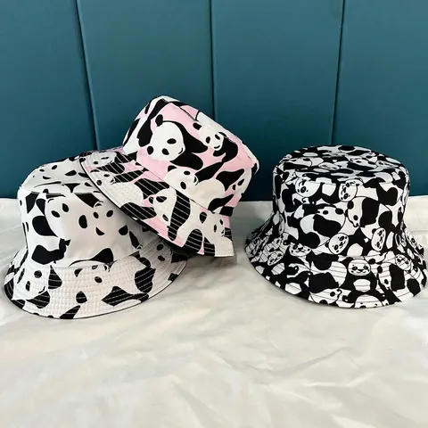 Cute Panda Print Bucket Hat Summer Outdoor Sun Protection Polyester Beach Cap For Men Women Casual Foldable Fisherman Hat
