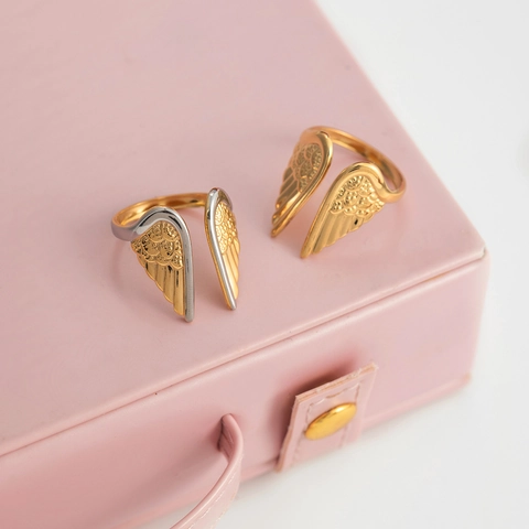 Offener Ring Mit Engelsflügeln 18K Vergoldeter Edelstahl Verstellbar Wasserdicht Hypoallergen Modeschmuck Damen Herren