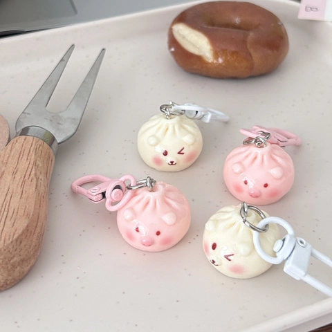 Porte-Clés Mignon Petit Pain Vapeur Dessin Animé Résine Cochon Ours Pendentif Sac Décor Cadeau