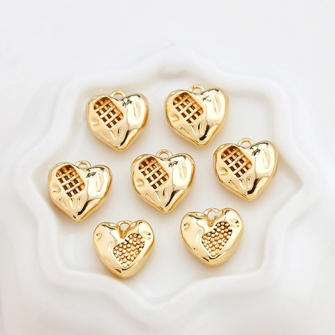 Heart Shape Pendants Copper Gold Plated Color Preserving Hollow Grid Dot Texture DIY Jewelry Making Accessories Bracelet