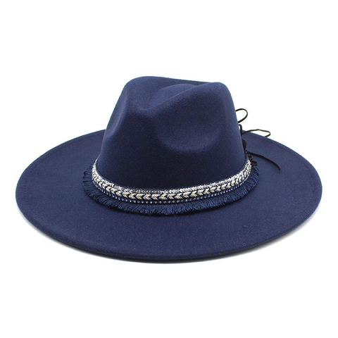 Cappello Fedora A Tesa Larga Feltro Di Lana Stile Etnico Nastro Intrecciato Con Nappine E Paillettes Uomo Donna