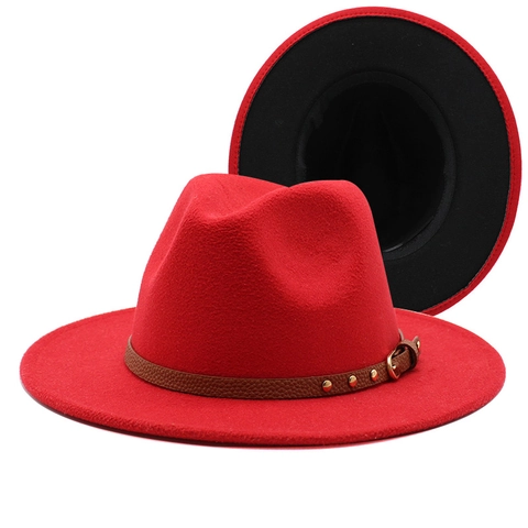 Klassischer Zweifarbiger Fedora Hut Mit Breiter Krempe Wollfilz Jazz Kappe Mit Nietengürtel Für Damen Und Herren Kontrast