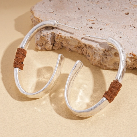 C-Shaped Hoop Earrings Alloy Geometric Matte Brown Suede Wrapped With 925 Sterling Silver Earring Post For Women Minimalist
