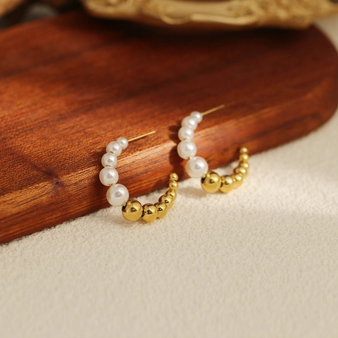 Stainless Steel Hoop Earrings For Women Minimalist Gold Geometric Twisted Square Stud Earrings Artificial Pearl Jewelry