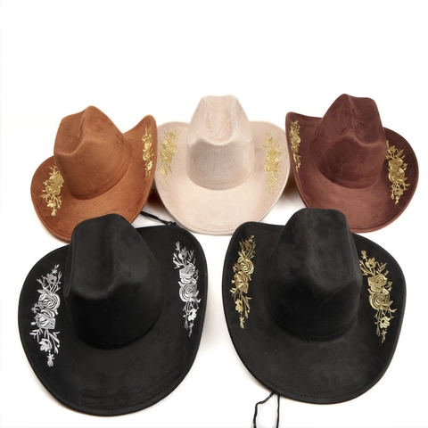 Vintage Western Cowboy Hat Polyester Suede Floral Embroidery Wide Brim Jazz Fedora With Adjustable Wind Rope For Men Women