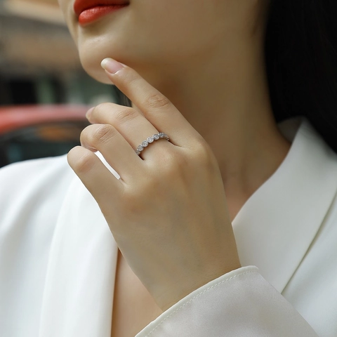 Eternity Ring Round Brilliant Cut Moissanite S925 Sterling Silver 18K Gold Plated Bezel Setting Wedding Band For Women