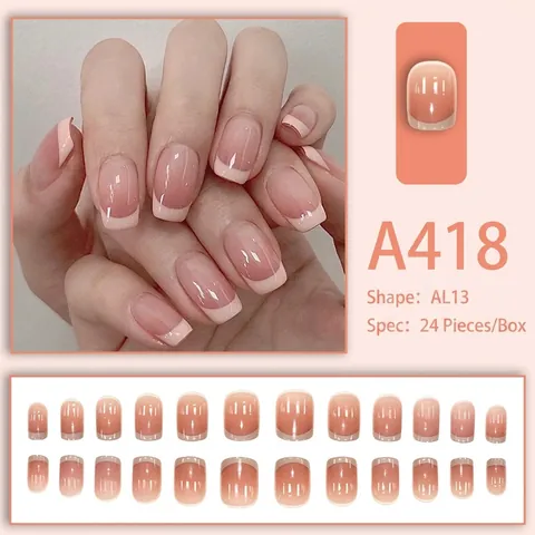 French Press On Nails Nude Pink Gradient White Tips Square Oval Shape Removable Artificial Fake Nail Tips Glossy