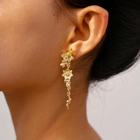 Floral Dangle Earrings Alloy Rhinestone With 925 Sterling Silver Earring Post Elegant Flower Drop Jewelry For Women