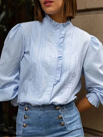 Elegante Dames Blauwe Blouse Opstaande Kraag Ruches Lange Pofmouwen Plooien Polyester Kant Knoopsluiting Kantoor Shirt