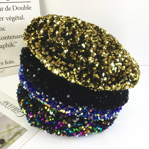 Pailletten Baret Hoed Dames Fluweel Glitter Kunstenaar Schilder Pet Mode Retro Party Hoofddeksels