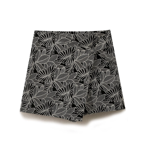 Gonna Pantalone Donna Vita Alta Ricamo Foglie Misto Cotone Asimmetrico Motivo Tropicale Retro Vacanze Shorts