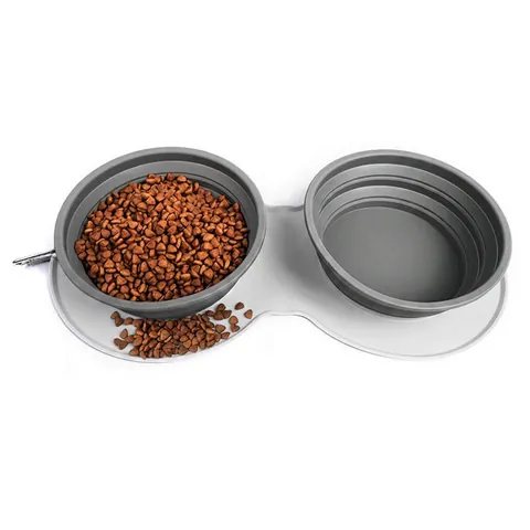 Silicone Foldable Pet Bowl Dual Slow Feeder Portable Travel Non-Slip Dog Cat Food Water Bowl With Carabiner