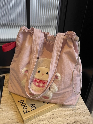 Borsa Tote In Tela Grande Capacità Donna Ricamo Patch Animale Cartone Animato Coulisse Borsa A Spalla Casual