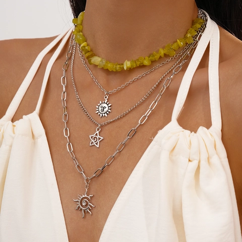 Collier Multi Rangs Avec Pendentifs Soleil Étoile Alliage Argenté Fausse Pierre Jaune Bijoux Bohème Vintage Pour Femmes