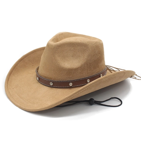 Western Cowboy Hat Retro Suede Felt Wide Brim Rivet Leather Band Adjustable Windproof Rope Outdoor Riding Unisex