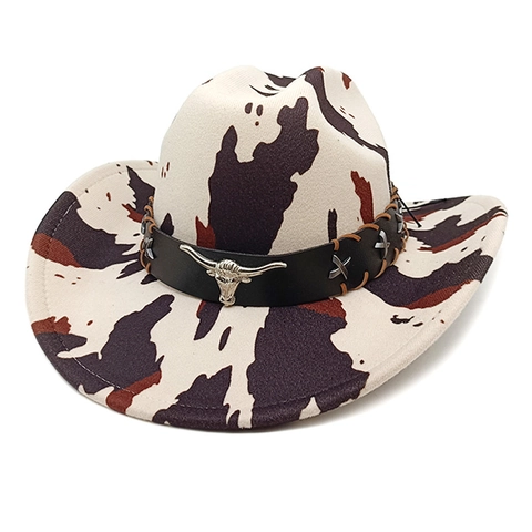 Cappello Da Cowboy Occidentale Tesa Larga Stampa Mucca Leopardo Decorazione Testa Di Toro Feltro Poliestere Unisex