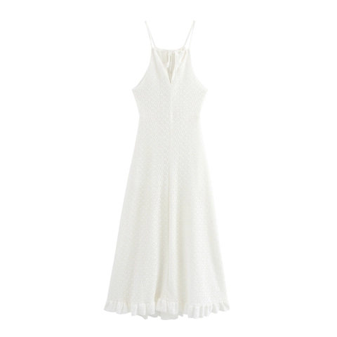 Vestido Maxi Halter Punto Texturizado Espalda Descubierta Vestido Largo Dobladillo Volantes Color Solido Sexy Elegante