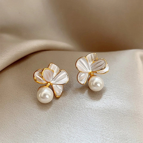 Boucles D Oreilles Puces Fleur Künstliche Perle Avec Tige En Argent Emaille Floral Bijoux Elegants Pour Femmes