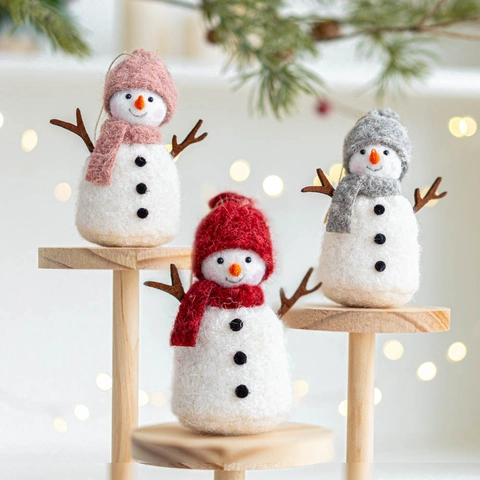 Ornamento Appeso Pupazzo Di Neve Di Natale Feltro Di Lana Fatto A Mano Con Cappello Sciarpa In Maglia Per Albero