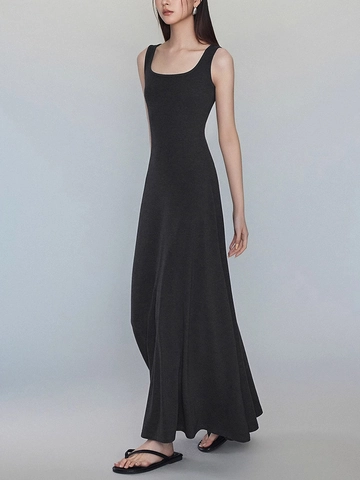 Minimalistisches Ärmelloses Maxi Kleid Baumwollmischung Eckiger Ausschnitt Slim Fit Einfarbig Sommer Langes Tankkleid