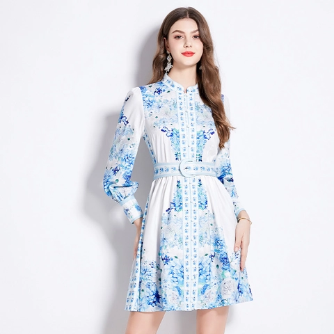 Vestito Elegante Stampa Floreale Blu Bianco Manica Lunga Collo Alto Monopetto Cintura In Vita Abito Midi Retrò Donna