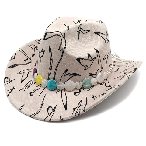 Western Cowboy Hat Polyester Felt Bird Print Wide Brim Colorful Beads Vintage Sunshade Unisex Streetwear Style