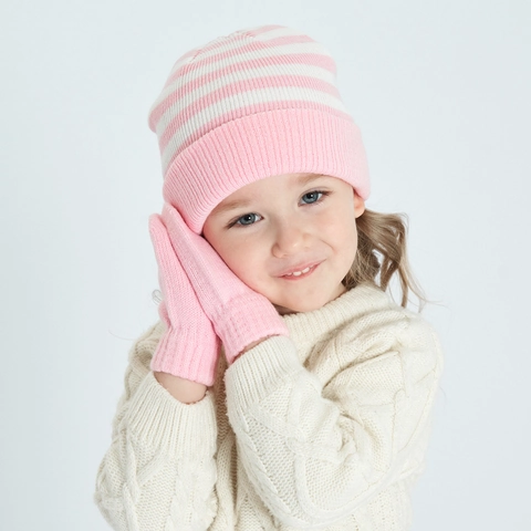 Children's Winter Warm Knitted Striped Beanie Hat And Gloves Set Soft Outdoor Thermal Outfit For Boys Girls Kids