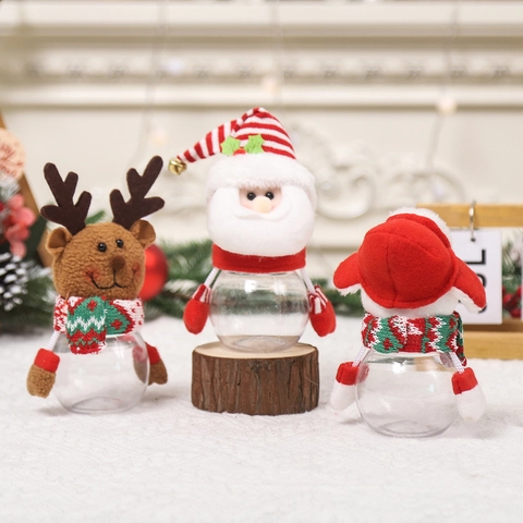 Tarros De Caramelos De Navidad Plástico PET Transparente Papá Noel Muñeco De Nieve Reno Felpa Almacenamiento Decorativo Botellas Regalo Adorno