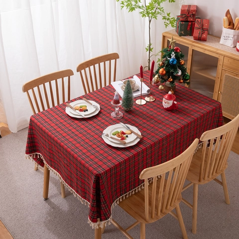 Christmas Plaid Tablecloth Rectangular Red Green Yarn Dyed Cotton Polyester Fabric Festive Table Decor With Tassel Edge