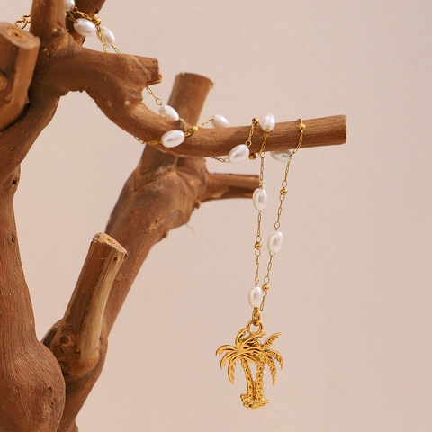 Palm Tree Pendant Necklace 18K Gold Plated Stainless Steel With Artificial Pearl Summer Beach Vacation Style For Women
