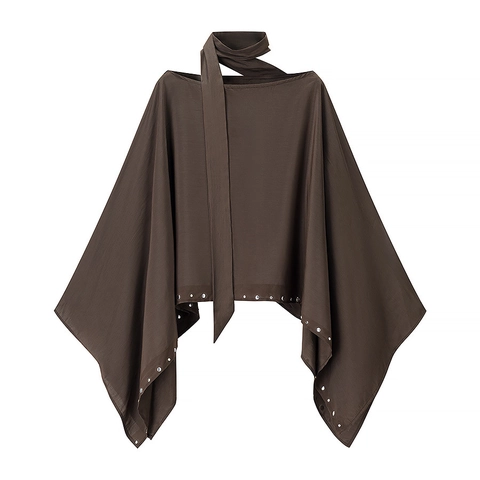 Women Bohemian Loose Batwing Sleeve Blouse Halter Tie Neck Rivet Cape Top Solid Color Polyester