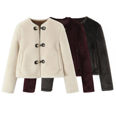 Women Elegant Short Faux Fur Jacket With Leather Metal Buckle Closure Long Sleeve Crew Neck Casual Solid Outerwear