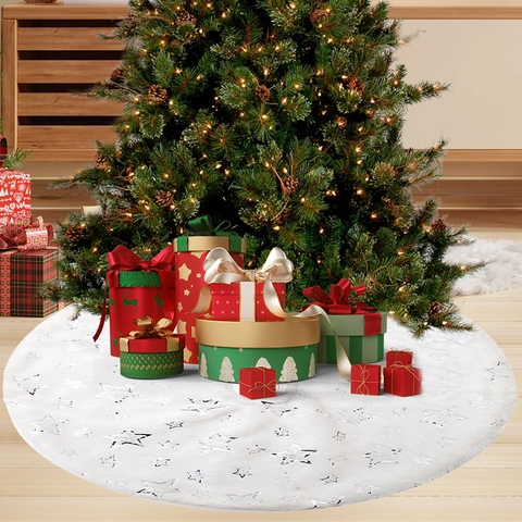 Christmas Tree Skirt Faux Fur Plush Buffalo Plaid Gold Silver Snowflakes Star Sequins Round Holiday Party Home Decor
