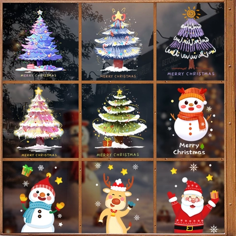 Christmas Window Clings PVC Static Cling Double Sided Removable Santa Snowman Reindeer Tree Decals Holiday Home Decor