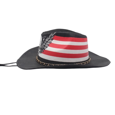 Cappello Da Cowboy Occidentale In Cotone Intrecciato Punk Motivo Teschio Alato Strisce Rosse Bianche Catena Oro Corda Antivento Regolabile