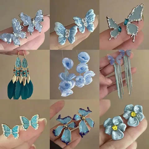 Orecchini Con Nappine Fiori Farfalla Blu Lega Cristallo Piuma Boho Vacanze Al Mare Gioielli Donna Perno Per Orecchini In Argento