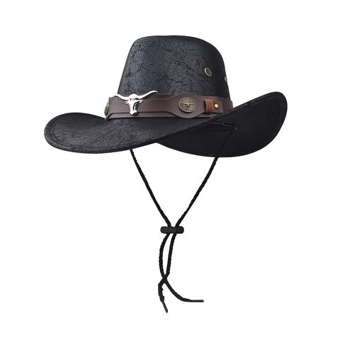 Vintage Western Cowboy Knight Hat Faux Leather Leaf Texture Large Brim Sun Hat With Metal Bull Head Decor And Adjustable Wind Rope