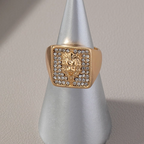 Men Hip Hop Rock Lion Head Ring Alloy With Rhinestones Square Face Gothic Punk Jewelry