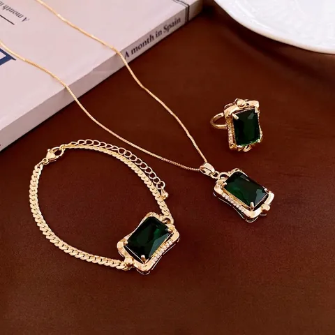 Retro Luxe Vierkante Groene Zirkoon Ketting Koper Verguld Geometrisch Hanger Sleutelbeen Ketting Sieraden Voor Dames