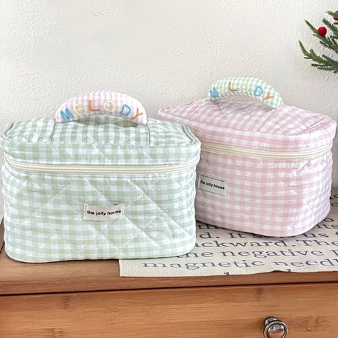 Gesteppte Baumwolle Kosmetiktasche Gingham Karo Tragbare Toilettenartikel Organisator Reißverschluss Griff Reise Make Up Beutel