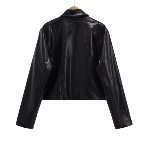 Damen Kunstlederjacke PU Kurz Schick Revers Langarm Reißverschluss Casual Outerwear Mode Einfarbig Slim Mantel