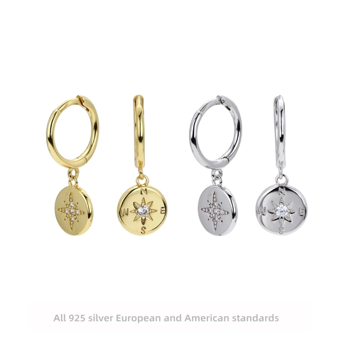 925 Sterling Silver Compass Star Hoop Earrings For Women Zirconia Inlaid North Star Dangle Earrings Fashion Jewelry