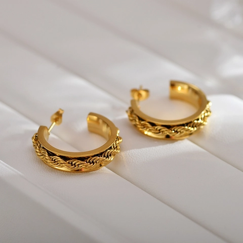 Fashion Stainless Steel Twisted Hoop Earrings For Women Rhinestone Embellished C Shaped Geometric Circle Earrings Jewelry