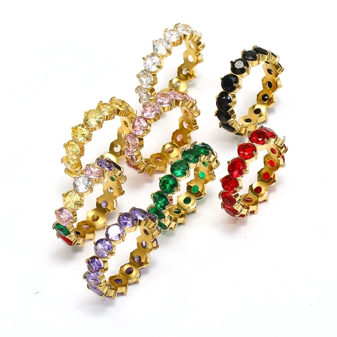 Eternity Ring Titanium Steel 18K Gold Plated Multi Color Cubic Zirconia Luxury Elegant Band Jewelry For Women
