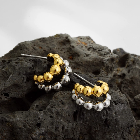 C-Shaped Round Bead Earrings Double Layer Bubble Ball Studs Brass 18K Gold Plated With Stainless Steel Earring Post For Women